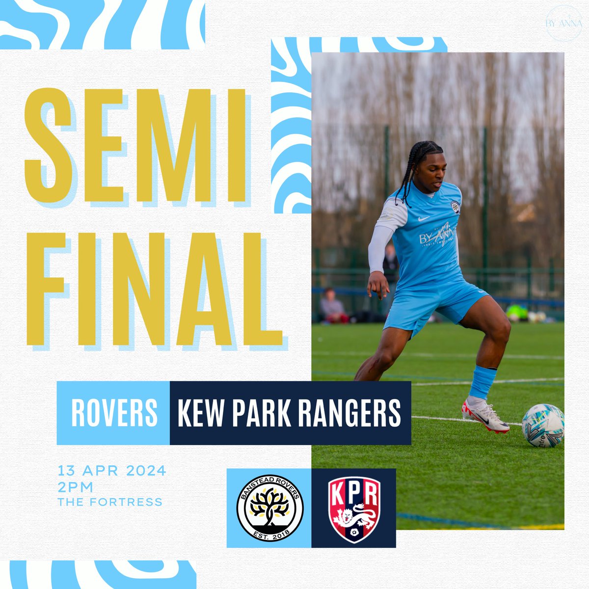 semi-final awaits. 👀 📆 Saturday 13 April 🆚 @KPRfootballclub ⏰ 2:00PM 📍 The Fortress, KT19 9JW Get down and support the #Rovers to help us get over the line!🏆 #UTR