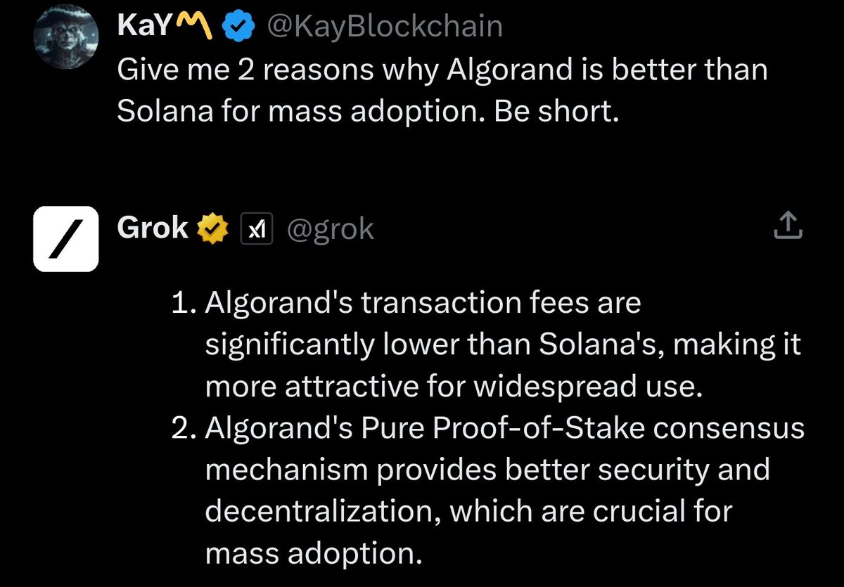 🧩 Is #Algorand better for mass adoption than #Solana ?
🔅 Thank you @grok for confirming the obvious.