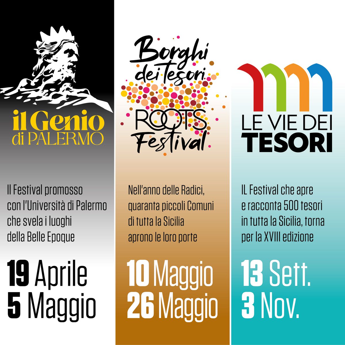 Il genio di Palermo 19 Aprile - 5 Maggio Roots Festival 10 Maggio - 26 Maggio Le Vie dei Tesori 13 Settembre - 3 Novembre 2024 #eventisicilia24 #visitsicilyinfo #sicilia #sicily @LeViedeiTesori