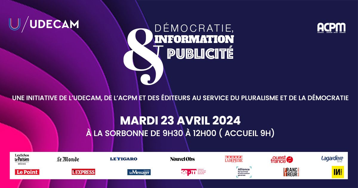 Rendez-vous le 23 avril à 09h30 à la Sorbonne pour un colloque co-organisé avec @ACPMFrance 'Démocratie, information & publicité'. Une initiative de l'Udecam, de l'ACPM et des éditeurs au service du pluralisme et de la démocratie Inscriptions → bit.ly/3JmtP9X