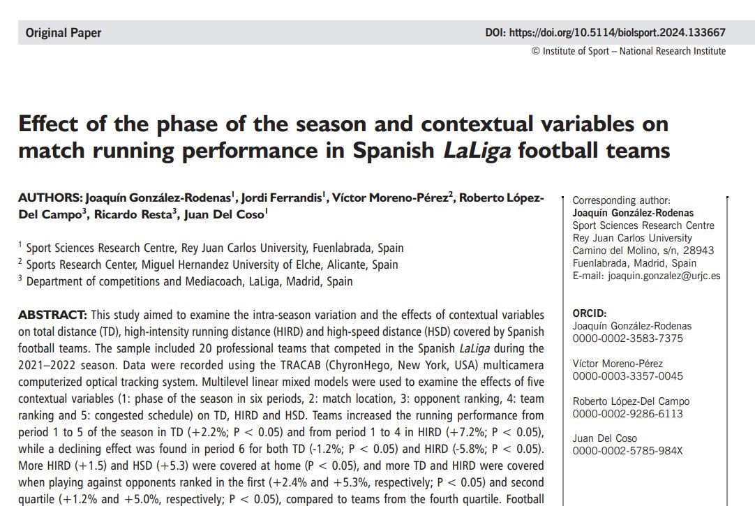 Nuevo articulo en <a href="/BiolSport/">Biology of Sport</a> sobre demandas físicas en <a href="/LaLiga/">LALIGA</a>⚽️!!

Se observa como la TD, HIRD y HSD sufre ligeras pero significativas variaciones durante la temporada en forma de U invertida, con un ascenso paulatino en las primeras fases y un declive en los últimos partidos 👇
