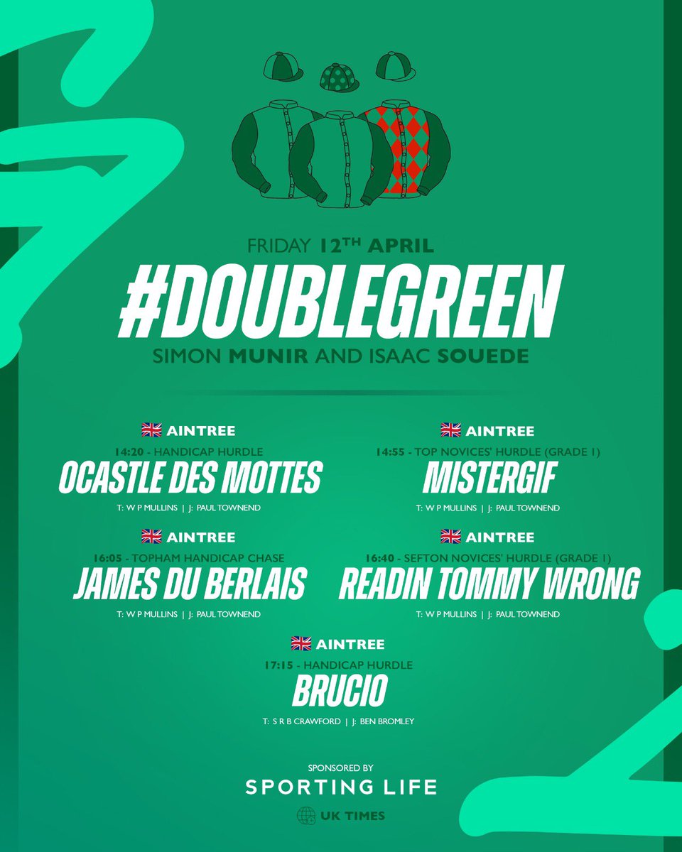 An exciting day with four runners at @AintreeRaces as RTW is now a non runner 🐎🤞🏼 #DoubleGreen