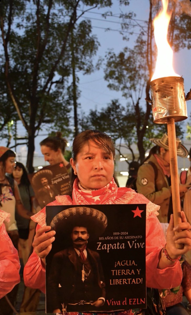 “105th anniversary of the death of Emiliano Zapata, 1919-2024. Zapata Lives. Water, land & liberty! Long live the EZLN!” seen in Mexico City. ❤️🖤✊🏿🔥📸: Diego Garcia #EZLN