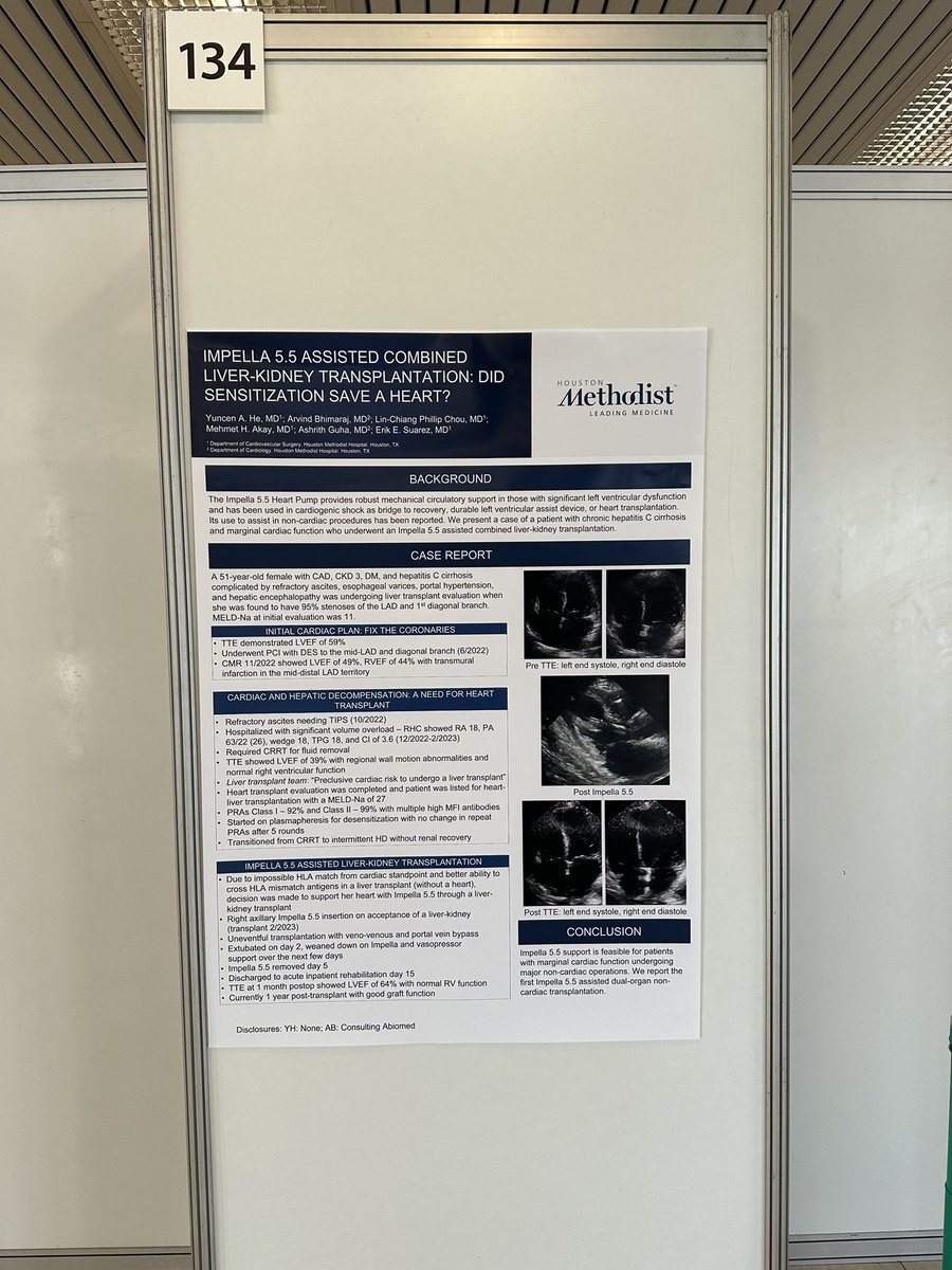 Congratulations to Dr. Yunsen Aticus He- a recent addition to our surgical team -for his abstract case at ISHLT on Impella assisted Liver/kidney transplant @AlanLumsdenMD #ISHLT2024 @Abiomed