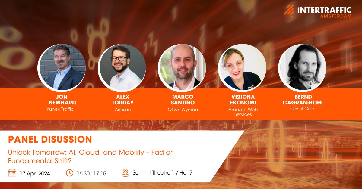 intertraffic's tweet image. 🔑 Don&apos;t miss our panel: &quot;Unlock Tomorrow – AI, Cloud, and Mobility: Fad or Fixture?&quot; 🌐 Join Jon Newhard, Alex Torday, Marco Santino, Veziona Ekonomi, and Bernd Cagran-Hohl for a paradigm-shifting discussion! #InnovationInsights #IntertrafficAmsterdam2024 🚗🌟