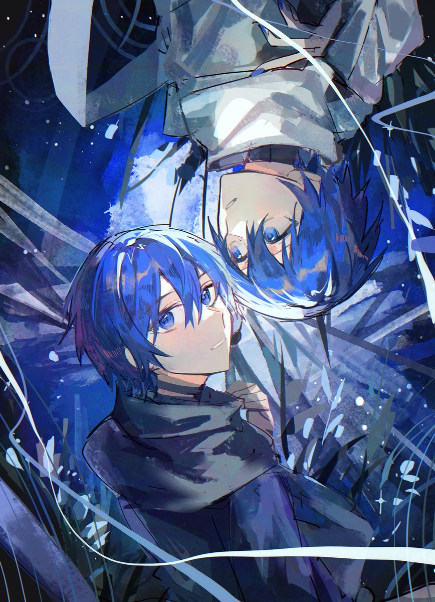 kaito (vocaloid) looking at viewer smile short hair blue eyes long sleeves hair between eyes closed mouth  illustration images