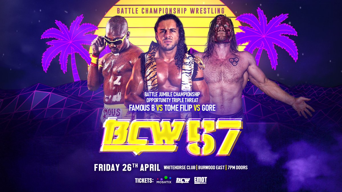 ***BCW 57 MATCH ANNOUNCEMENT*** On Friday 26 April 2024, will FAMOUS B jive and thrive OR will THE TAIGA bite and fight OR will GORE continue to seek and destroy like James Hetfield rather than Steve Borden? Book here: moshtix.com.au/.../battle-cha… #battlechampionshipwrestling