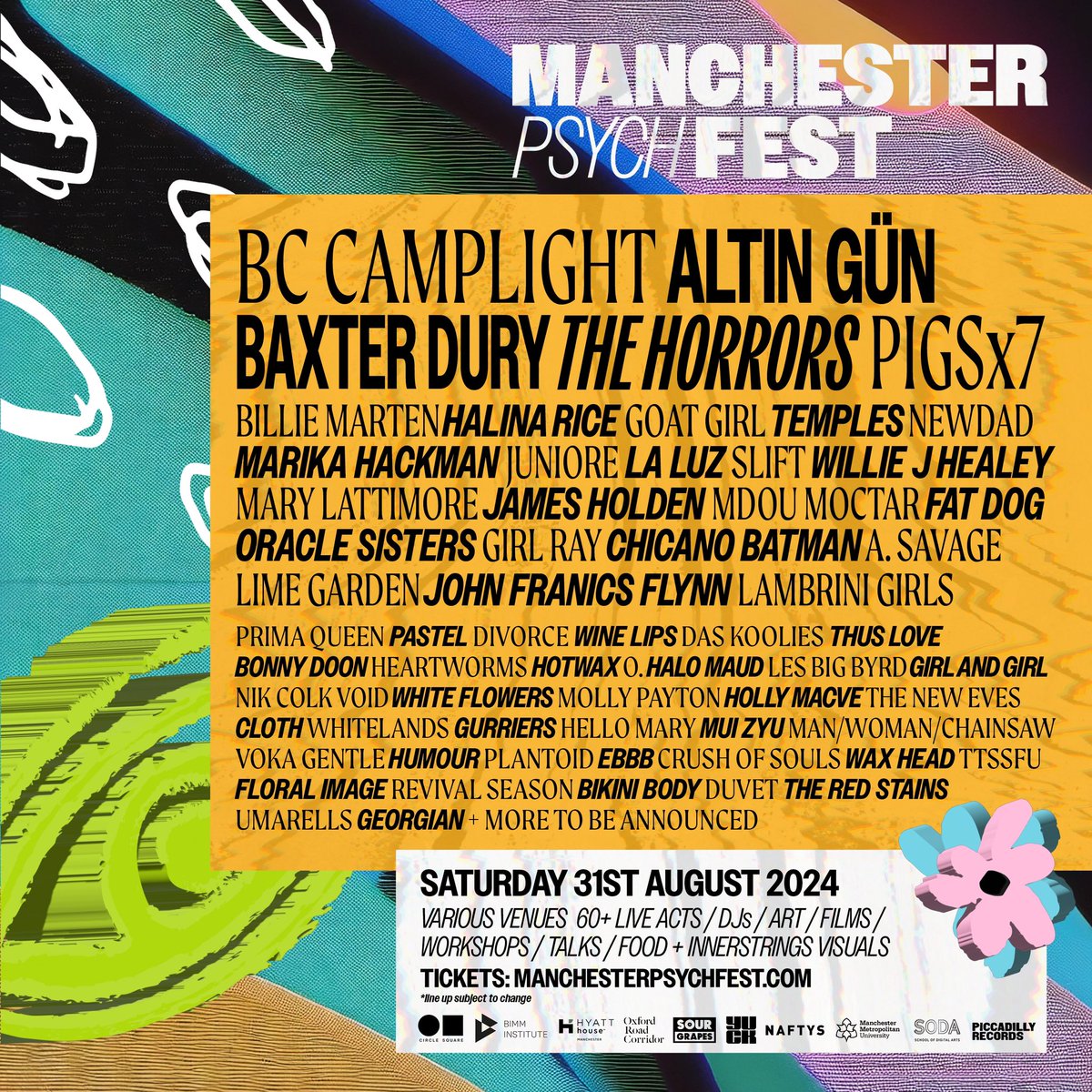 ICYMI We announced the next wave of acts for Manchester Psych Fest 2024. Featuring: @bccamplight, @altingunband , @BillieMarten , @MarikaHackman , SLIFT and loads more joining the party on 31st August. Tickets/info: manchesterpsychfest.com