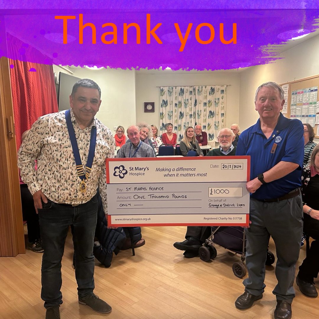 A BIG thank you to Grange and District Lions Club for their amazing £1,000 donation to St Mary's Hospice! Your support helps us continue providing care for people in Furness & South Lakes. Every penny stays local, making a real difference. Thank you for your generosity💜