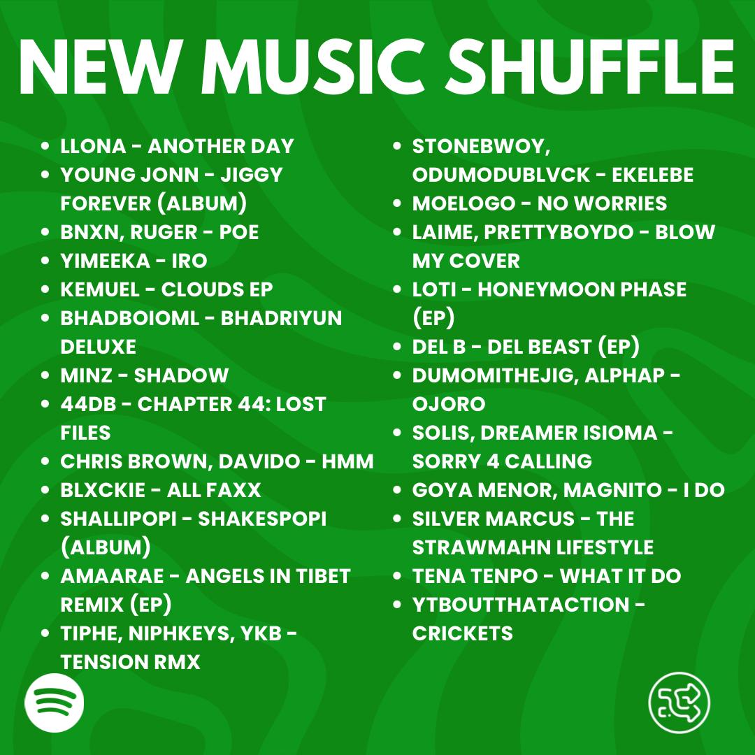 New Music Shuffle. 🔀 — explore new amazing releases from: @Boyllona_, @YoungJonn, @yimeeka, @Bhadboi_OML, @kemuelthekid, @MinzNSE, @44db_collective, @solis4evr, @blxckie___, @ytbouthataction and more. Dive in 🎧🔀: open.spotify.com/playlist/6eqED…