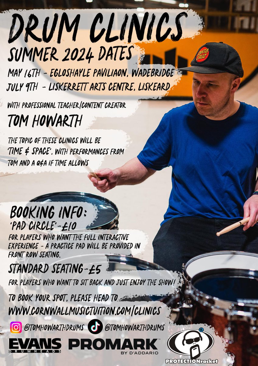 More clinics here in Cornwall courtesy of the inimitable @tomhowarthdrums from Tom: *Summer Clinics* Spaces filling up fast for these - have just added ’Standard Seating’ as they seemed popular in the last event. Head to cornwallmusictuition.com/clinics to book a place #protectionracket