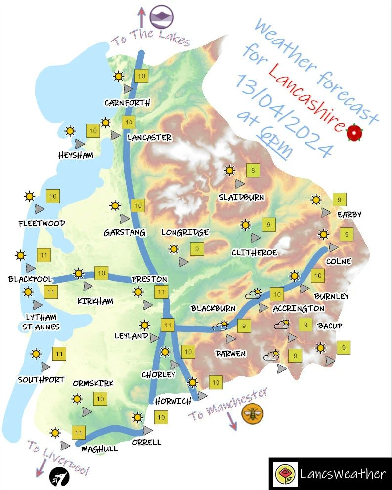 Weather forecast for Lancashire tomorrow, 🌦️ Saturday ☀️ 13th April 2024 #lancsweather #lancashire #weather #forecast #blackburn #blackpool #burnley #chorley #fylde #hyndburn #lancaster #pendle #preston #ribblevalley #rossendale #southribble #westlancashire #wyre