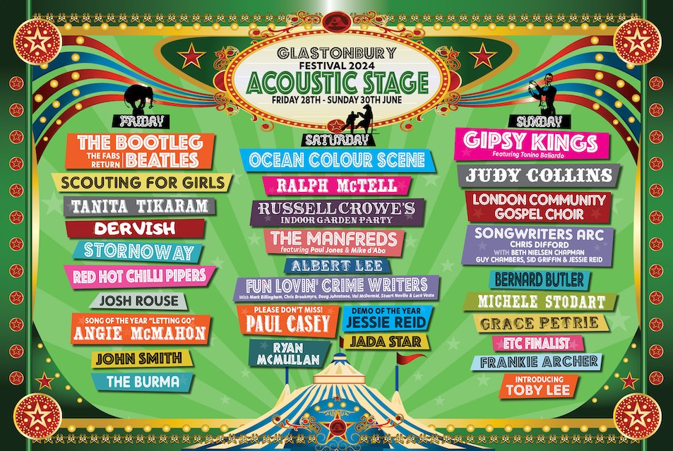 🚨STAGE ANNOUNCEMENT🚨 Acoustic stage line-up for Glastonbury 2024 #Glastonbury glastonburyfestivals.co.uk/heres-the-acou…