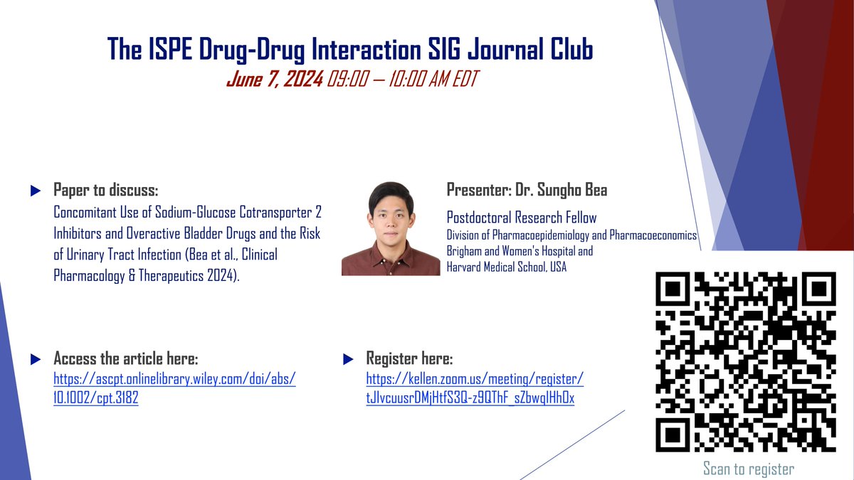 🚨Please join our next Journal Club on Friday 7th Jun 9-10am (EDT), where

Dr Sungho Bea will present:  

“Concomitant Use of Sodium-Glucose Cotransporter 2 Inhibitors and Overactive Bladder Drugs and the Risk of Urinary Tract Infection"

Register here: tinyurl.com/2s3z4t7v