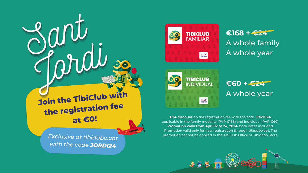 Until April 24, join the Tibidabo annual pass with the registration fee at €0! (You save €24) 🌹 🎫 Online promotional code: JORDI24 With the TibiClub you can enjoy unlimited access to Tibidabo for a whole year. 🎢 Conditions 👉 tibidabo.cat/en/news/promot…