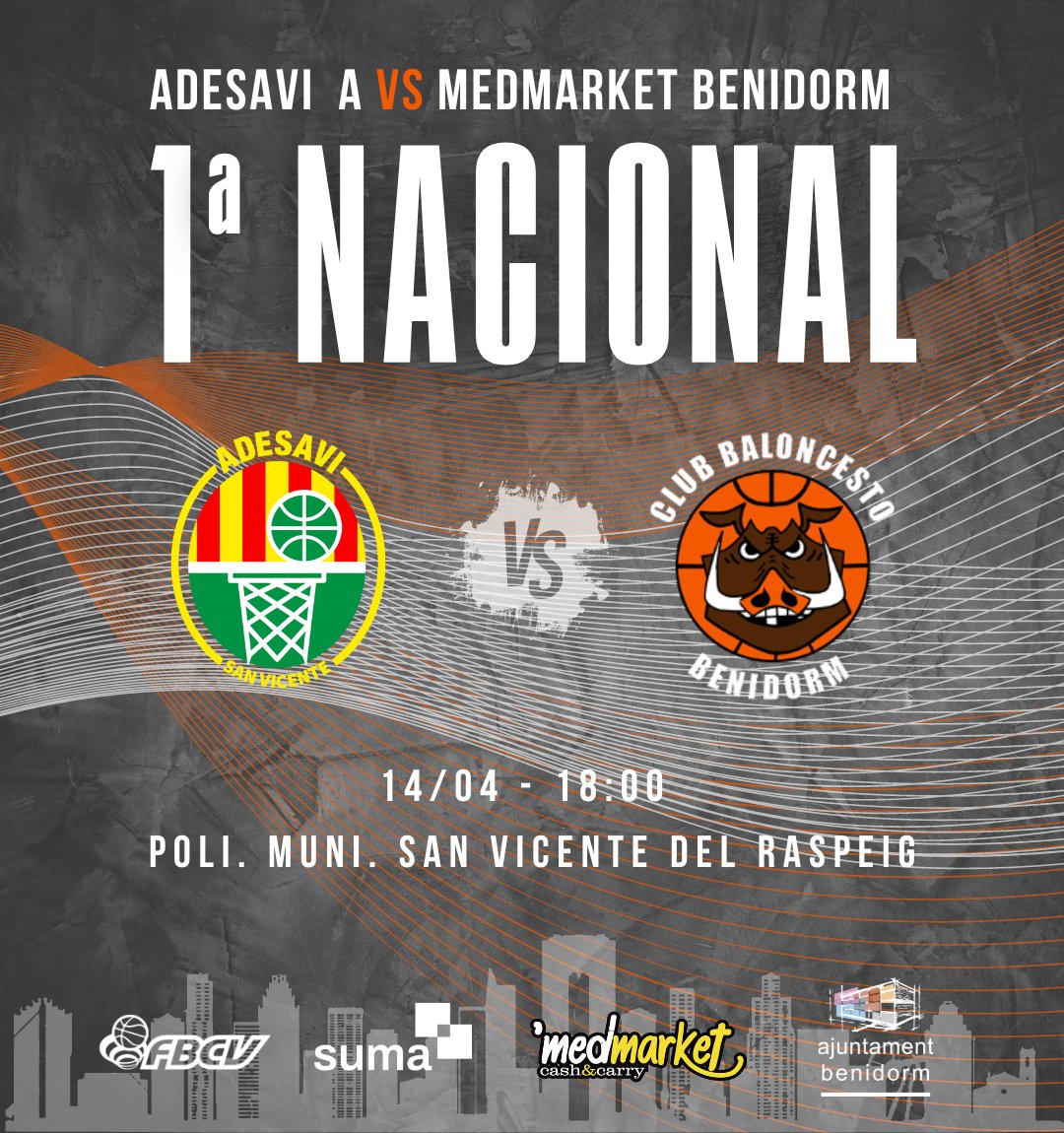 🏀1ª Nacional 🏀 El Medmarket Benidorm se enfrenta este domingo al Adesavi A como visitante 🆚 @CDADESAVI 📆 Domingo 14/04 🕛 18:00 🏟 Polideportivo Municipal de San Vicente del Raspeig ¡Vamos Benidorm!🏀🐗🖤 #cbbenidorm #Benidorm #SUMAconeldeporte #MedMarket #fbcv