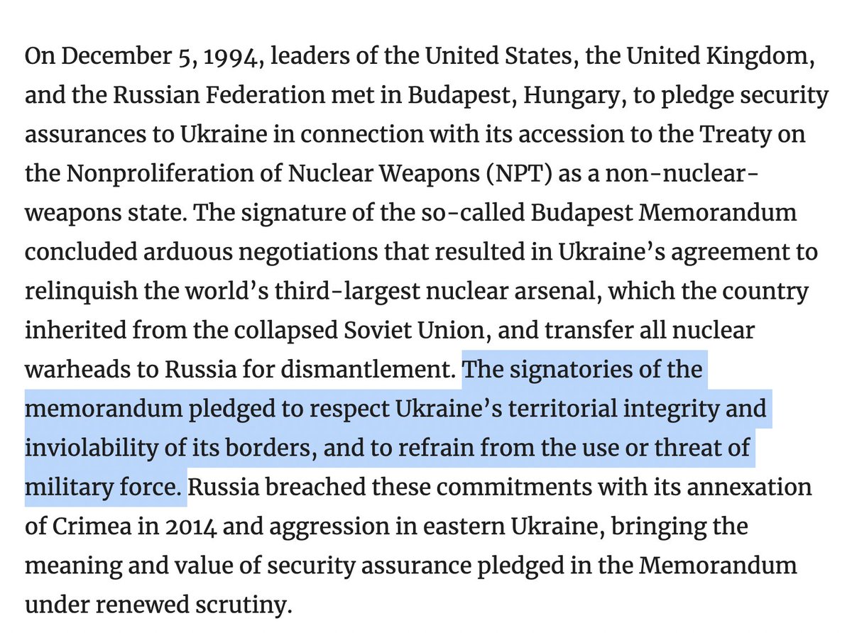 Am I the only one who didn't know that the U.S. was one of three signatories of the Budapest Memorandum, which guaranteed the sovereignty of Ukraine's borders in exchange for relinquishing its nuclear weapons? belfercenter.org/publication/bu…