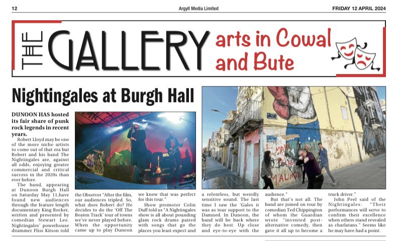 HOT OFF THE DUNOON PRESS “After the film, our audience tripled, so what do we do? Play towns we’ve never played before of course!” We play @BurghHallDunoon w/Ted Chippington May 11th seetickets.com/event/the-nigh…