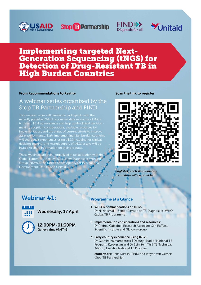 ✨Join us for a webinar series with @StopTB on 17 April! We'll delve into the latest @WHO recommendations on using tNGS to detect TB drug resistance, exploring clinical decision-making, adoption strategies, available resources, and more. @USAID @UNITAID us06web.zoom.us/webinar/regist…