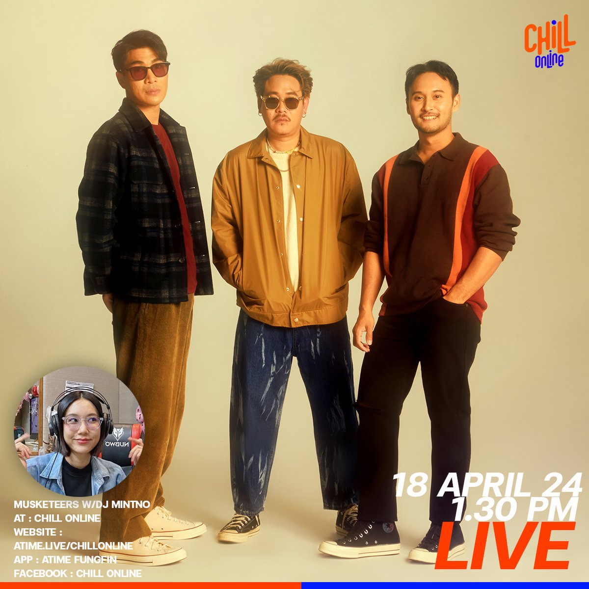 LIVE INTERVIEW
Musketeers
w/DJ MINTNO at Chill Online
18 APRIL 24
1.30 PM
atime.live/chillonline
or application : Atime Fungfin
Facebook : Chill Online
Stay Tuned!
.
#ChillOnline #WorkingChillingShopping
#Sea
#Musketeers
#Whattheduckmusic
#MusketeersxChillOnline