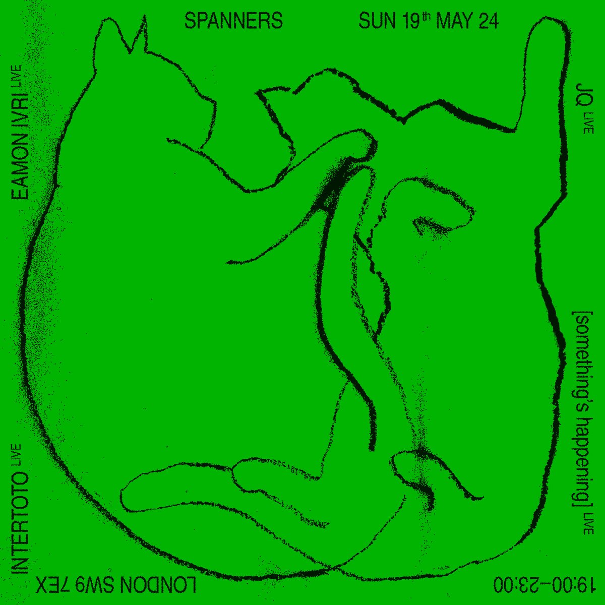 Spanners, London, Sunday, May 19th with some dear friends Intertoto, JQ, [something's happening], Eamon Ivri (me) all performing live. expect big gulch ambient sound with a hint of bog concrète and an undercoat of globular dub