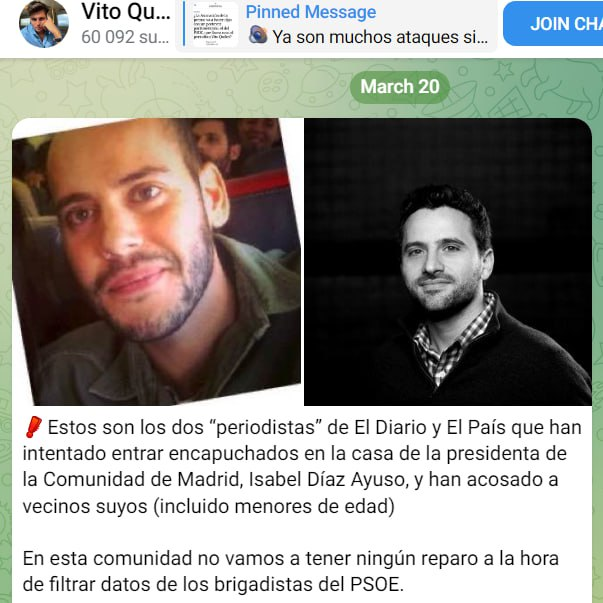 Vito Quiles difundió los bulos y las fotos que Miguel Angel Rodriguez envió a sus medios financiados y que repodujo incluso diciendo que eran de el diario y que fueron encapuchados...