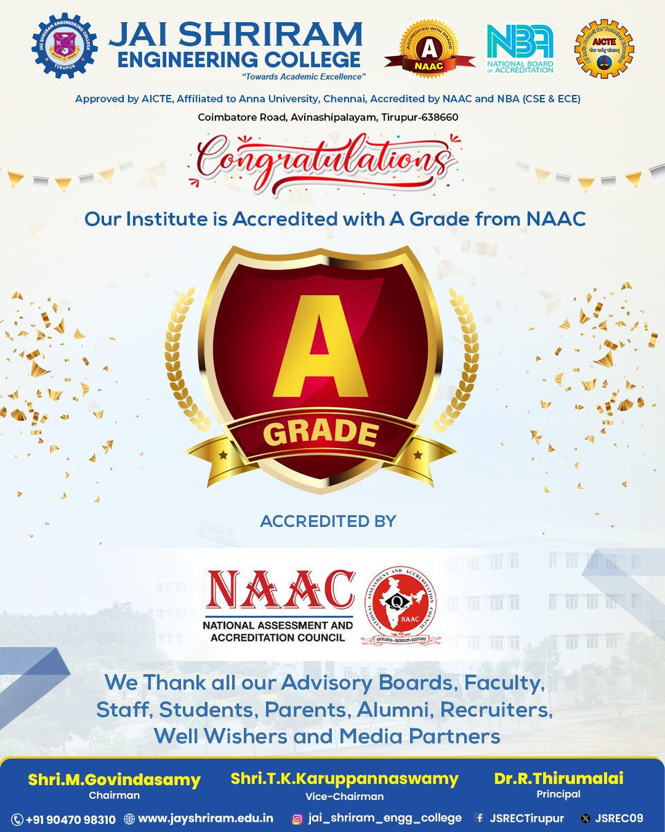 JSREC09's tweet image. Congratulations Our Institution is Accredited with A Grade from NAAC Accredited by NAAC National Assessment and Accreditation Council.We 

#congratulations #jaishriramengineeringcollege #JSREC #college #annauniversity #engineering #student #placement #job #ece #cse #tirupur
