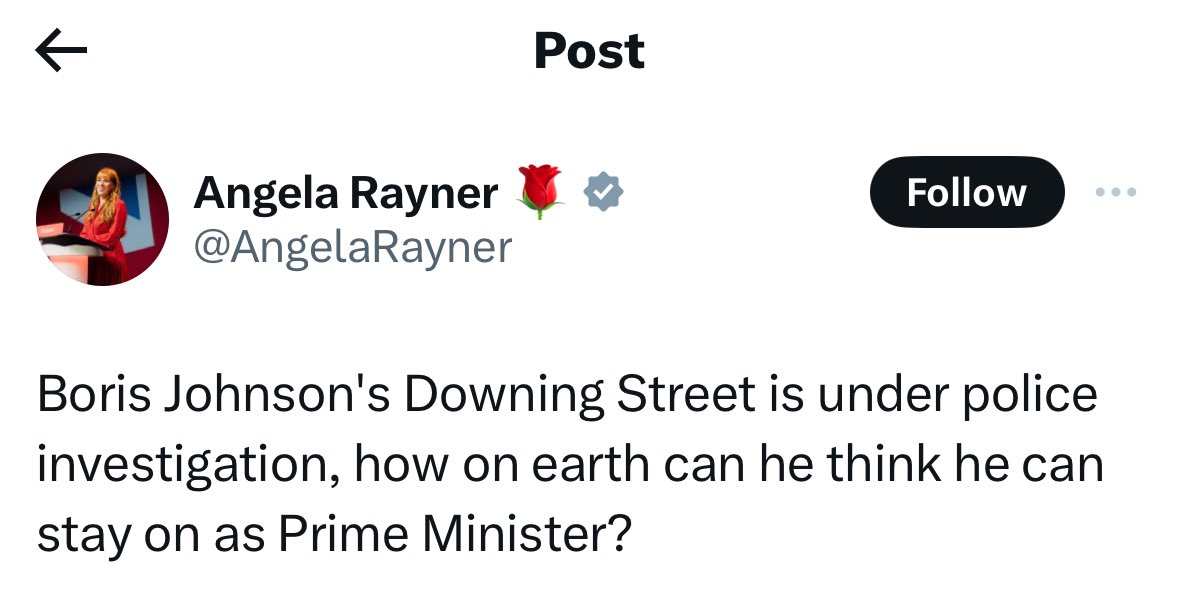 Angela Raynor is now under police investigation. Below is her post calling on Boris to resign when he was under police investigation. Will she now resign from the front bench?