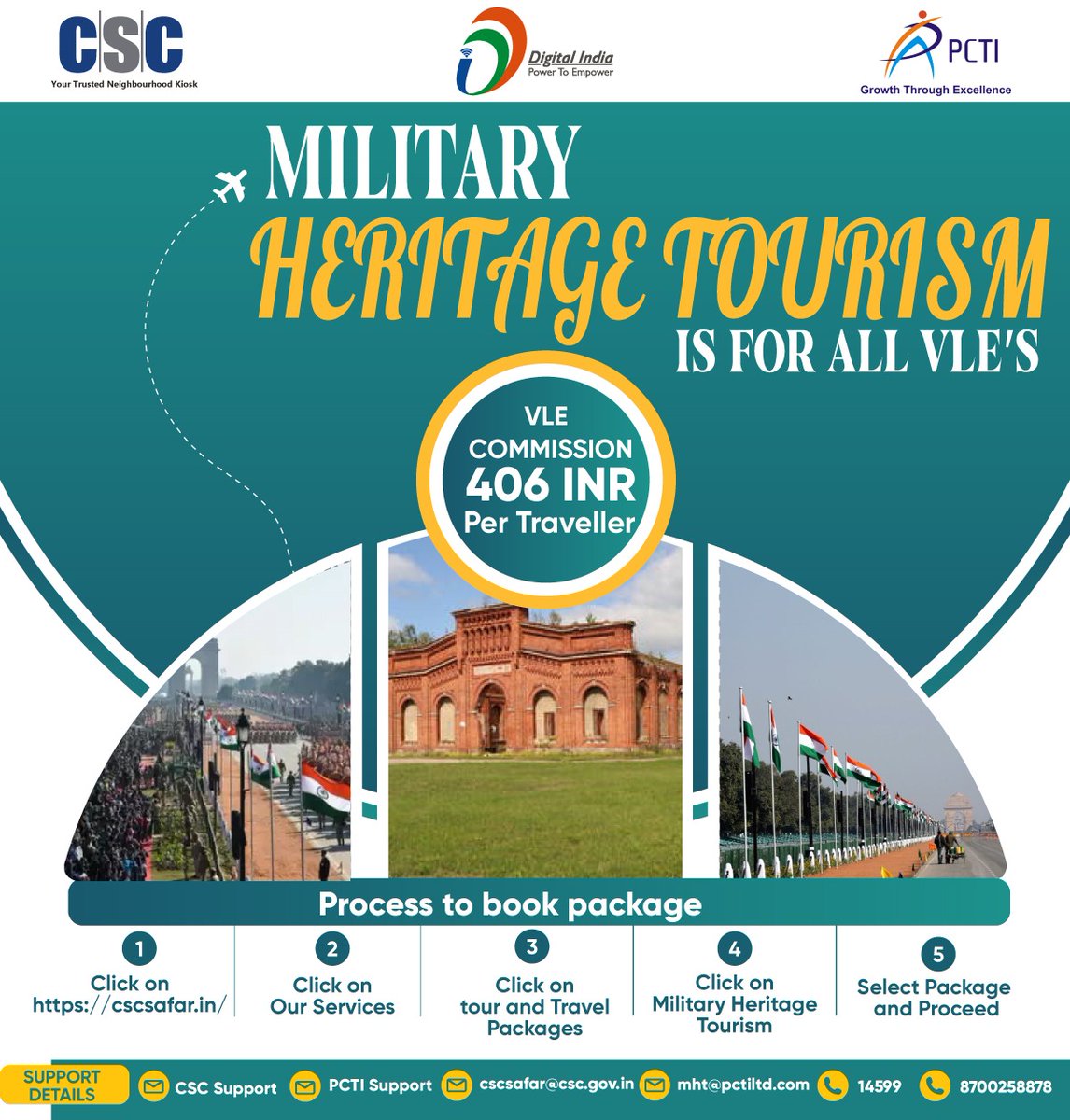 Explore India's rich and largely untapped military heritage legacy through #CSC...

Visit cscsafar.in to book a package & earn ₹406 commission per traveler.

Contact cscsafar@csc.gov.in for support.

#CSCMilitaryHeritageService #MilitaryHeritage #CSCSafarService