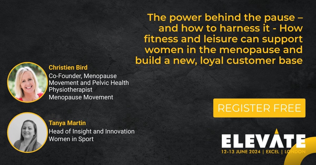Join our clinical lead <a href="/ChristienBird/">Christien Bird</a> <a href="/elevatearena/">Elevate</a>  alongside Tanya Martin, head of Insight &amp; Innovation at <a href="/Womeninsport_uk/">Women in Sport</a>💪 Discussing how fitness &amp; leisure can support menopausal women &amp; how to build a new, loyal customer base. Registration is FREE! elevatearena.com