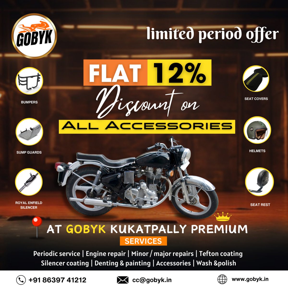 GobykG13697's tweet image. Special Limited Time Offer at GOBYK KUKATPALLY PREMIUM SERVICES
Enjoy a FLAT 12% Discount on All Accessories!
Don't miss out on enhancing your ride with our top-notch products and services. Hurry, offer valid for a limited time only!
#GOBYK #BikeService #MultiBrandService