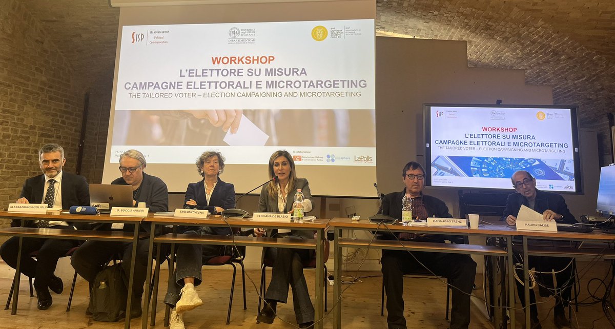 📣Ultimo momento del WORKSHOP

L’ELETTORE SU MISURA 
CAMPAGNE ELETTORALI E MICROTARGETING

📌 ROUND TABLE 

DIGITAL REVOLUTION AND DEMOCRACY

Chair: <a href="/emilianadb/">emiliana de blasio</a>

Gli interventi 👇

<a href="/SaraBentivegna/">Sara Bentivegna</a> 
Alessandro Bogliolo
<a href="/gba_mm/">Giovanni Boccia Artieri @gba@aoir.social</a>
Mauro Calise
Hans-Jörg Trenz 

#sisp