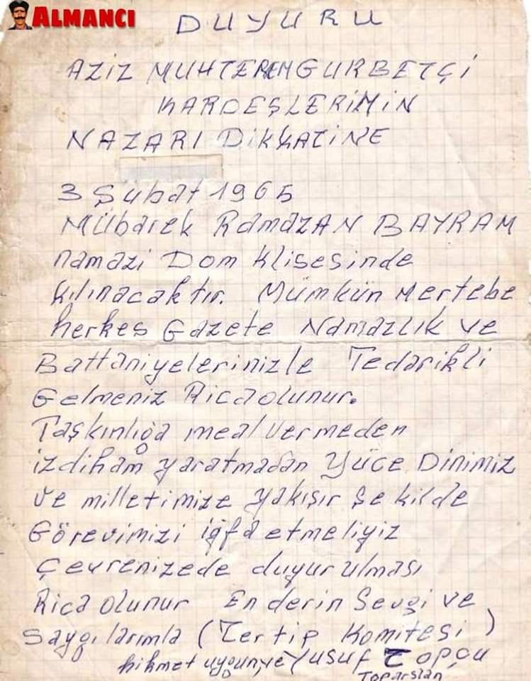 Almanya'daki gurbetçilerimiz 1965 yılına rastlayan Ramazan Bayramını Köln'deki Dom Kilisesinde kılmışlardı.