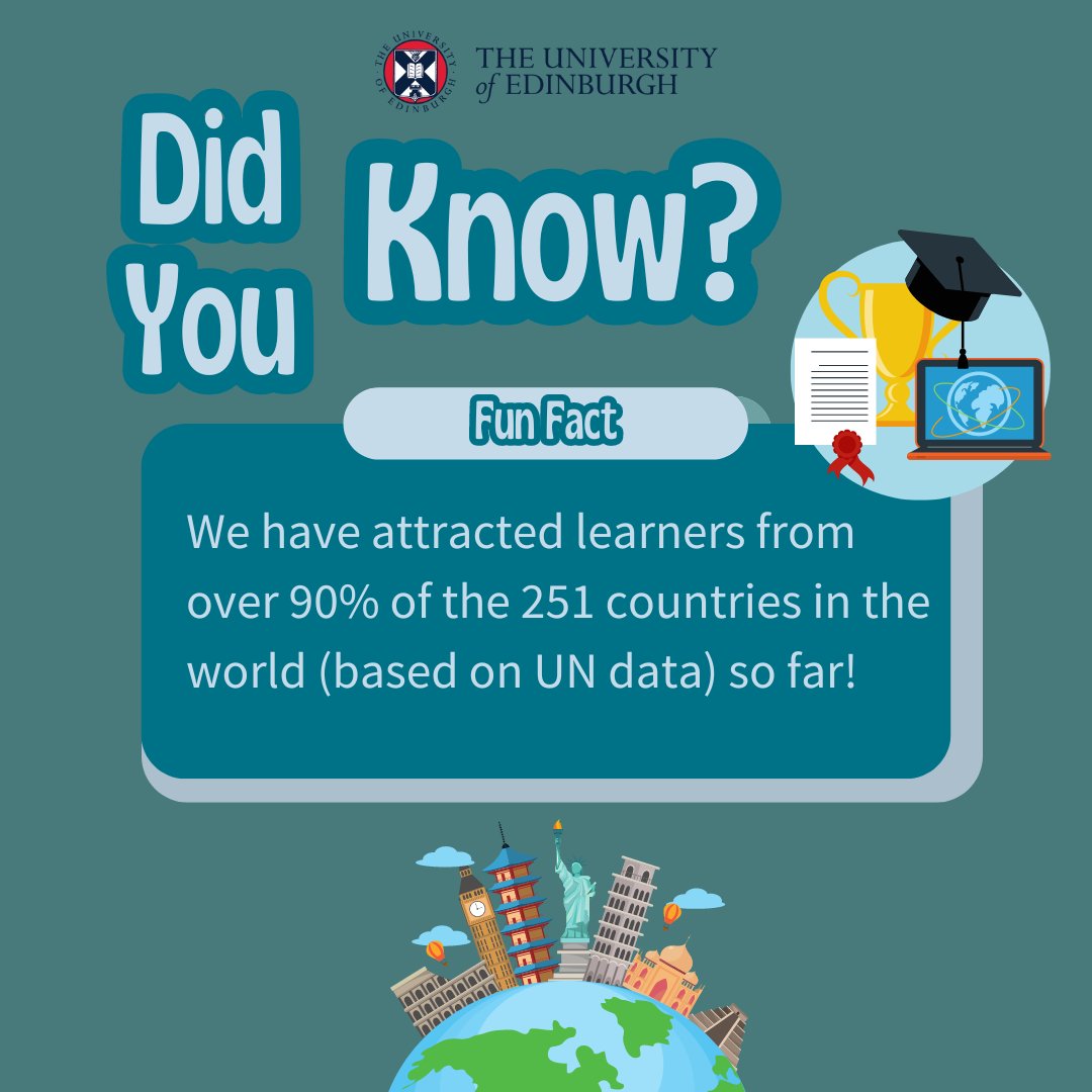 We've attracted learners from over 90% of the 251 countries in the world (based on UN data) so far! 🌏 They are spread across all 7 continents, including Antarctica. Learn more at onlinecourses.ed.ac.uk 📚. #5MillionMOOCLearners