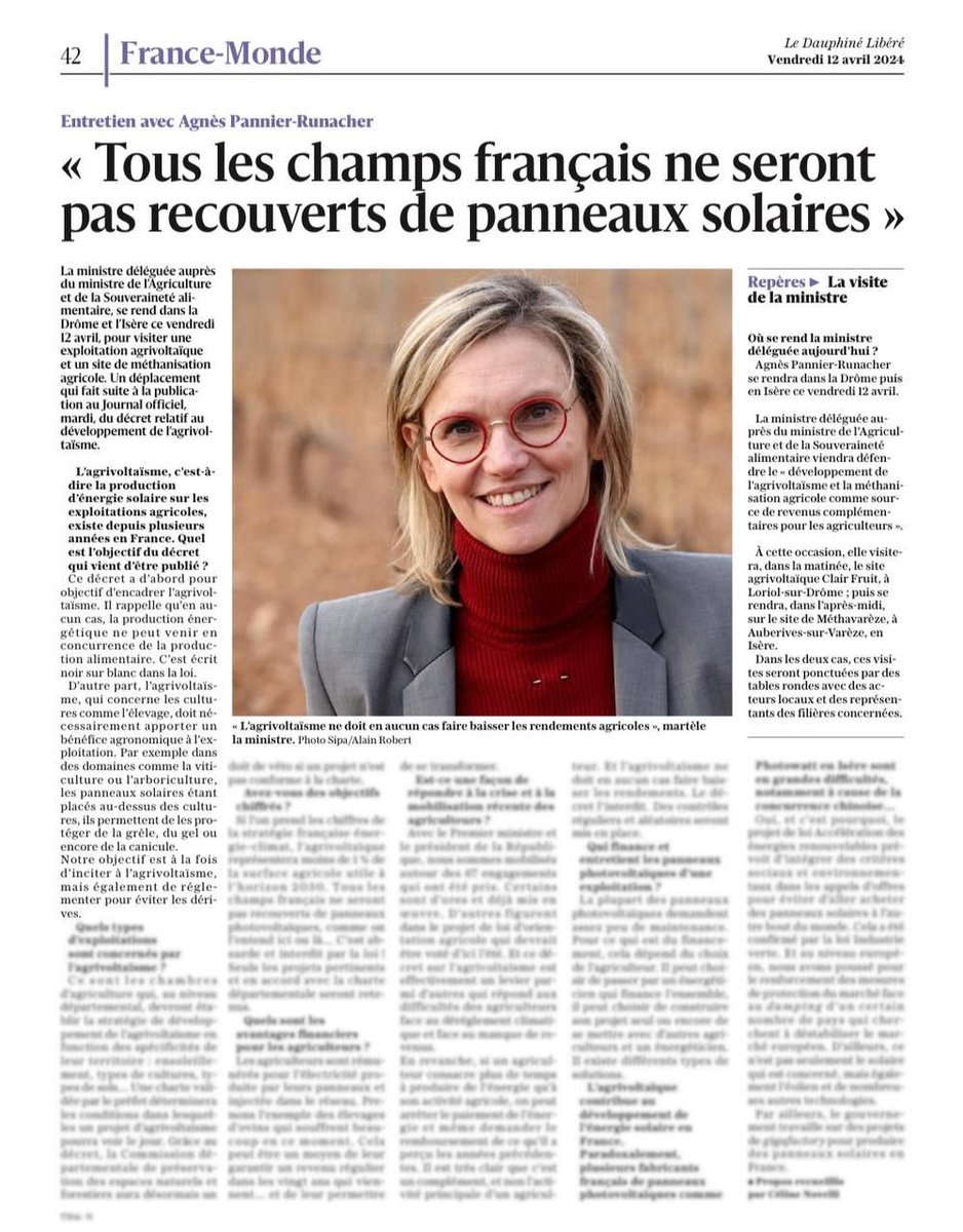 🗞️« Ce décret a d’abord pour objectif d’encadrer l’agrivoltaïsme. Il rappelle qu’en aucun cas, la production énergétique ne peut venir en concurrence de la production alimentaire. C’est écrit noir sur blanc dans la loi. » À lire dans @ledauphine ⤵️ 📲 ledauphine.com/politique/2024…