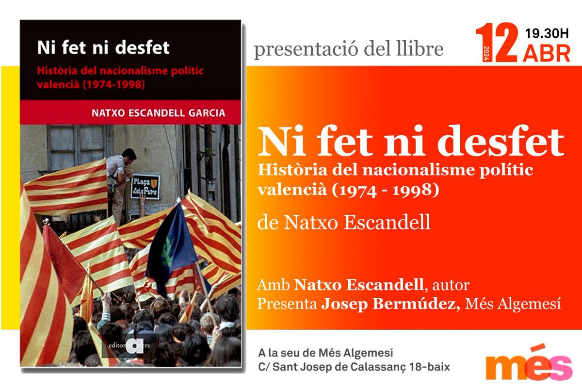Si ahir dijous parlàrem de “Ni fet ni desfet. Història del nacionalisme polític valencià (1974-1998)” a Cocentaina amb la gent de @CompromisCocen, hui toca presentar-lo a Algemesí amb la gent de @MesAlgemesi. Serà a les 19:30 a la seua seu! Ens veiem i continuem fent memòria?