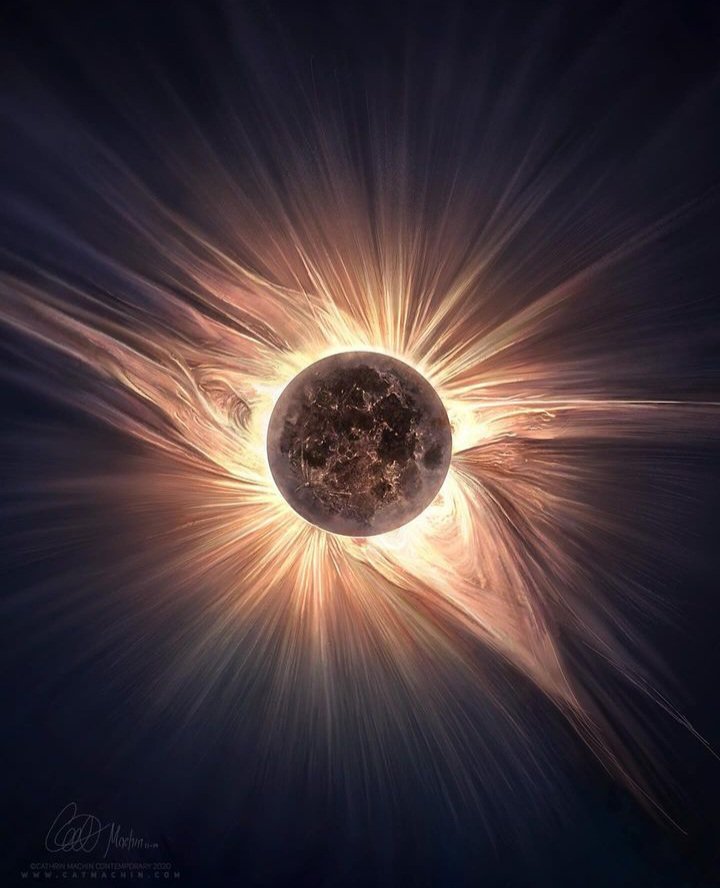 This is NOT the April 8th eclipse.
It is a digital painting by Cathrin Machin based on a photo by Sebastian Voltmer of a previous eclipse (2017 in 🇺🇸)