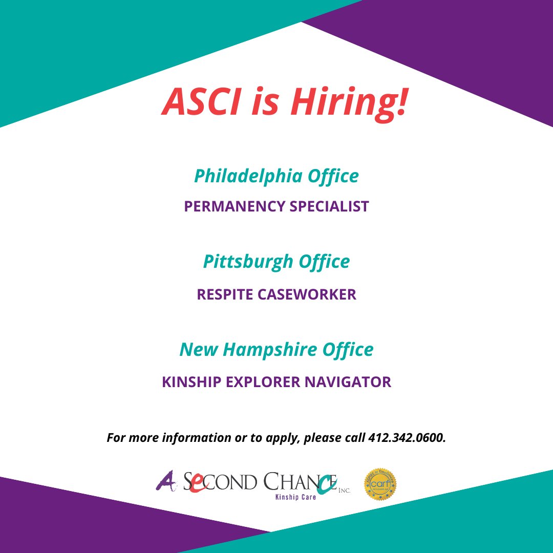 Join our team! Connect with us today if you're passionate about serving #children & #families in a dynamic work environment. Explore our site for all available positions! asecondchance-kinship.com/careers/open-p… #asci #workwithus #Pittsburghjobs #yourehired #familiesmatter #socialwork #casework