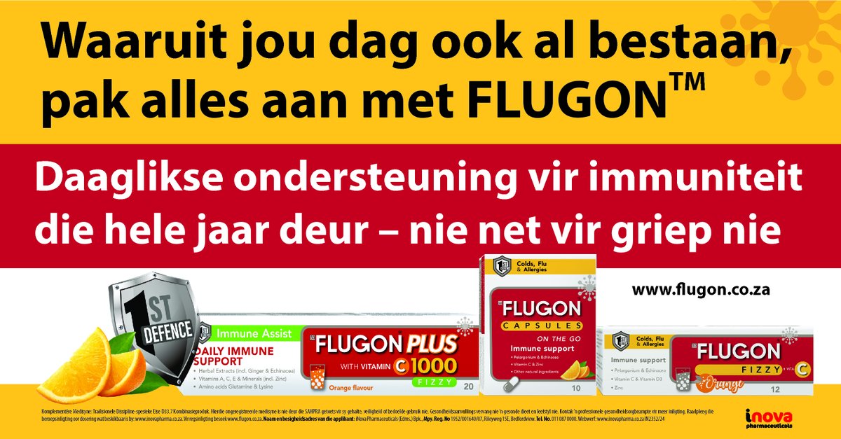 GEBORG: Flugon bied regdeur die jaar immuunbeskerming vir daaglikse immuunstelselondersteuning, wanneer verkoues en griep toeslaan, en om die simptome van ’n hoes, keelseer en verstopte of loopneus te help verlig. Lees meer hier: brnw.ch/21wIKAL #fluseason #allergies