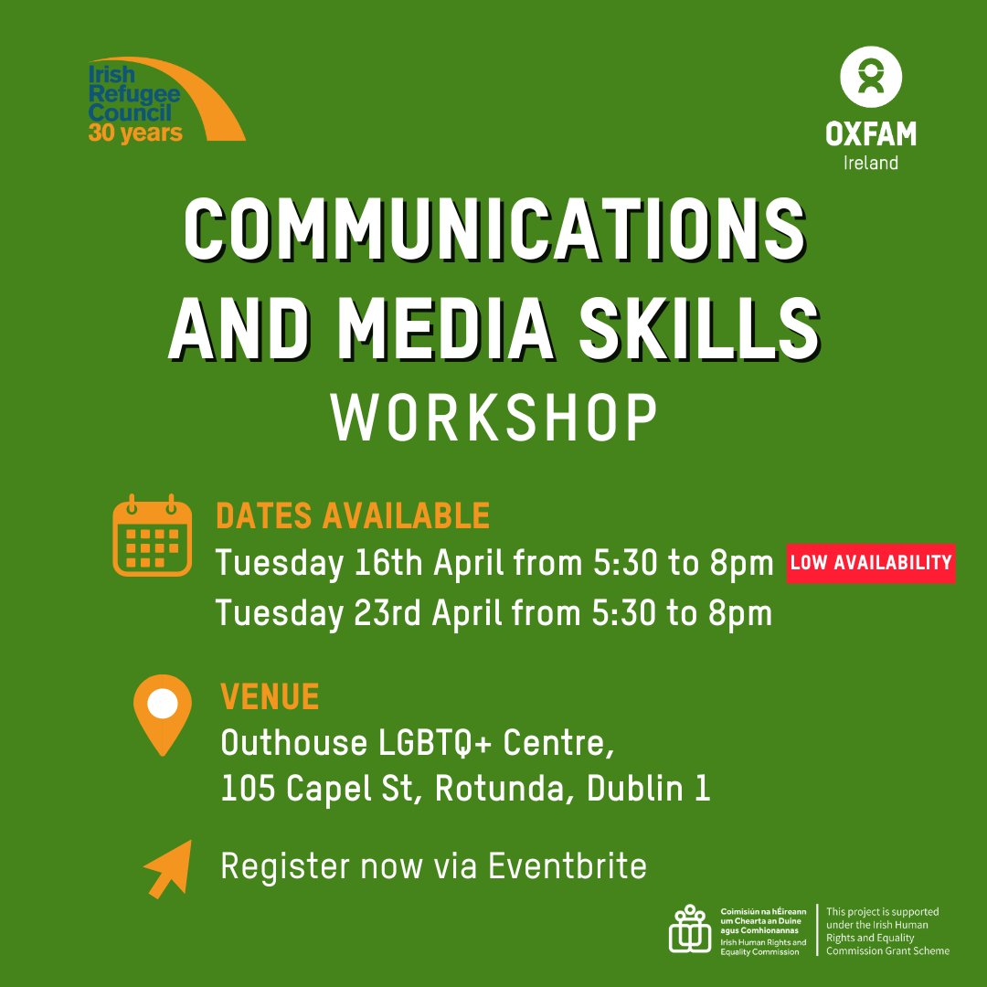 Elevate your Communications & Media skills!🎙️ Join us & @IrishRefugeeCo for an empowering workshop designed to sharpen your abilities in the digital age! 📅Choose one date: ➡️Tuesday, April 16th- 5:30pm tinyurl.com/yfsjmu5xor ➡️Tuesday, April 23rd - 5:30pm…
