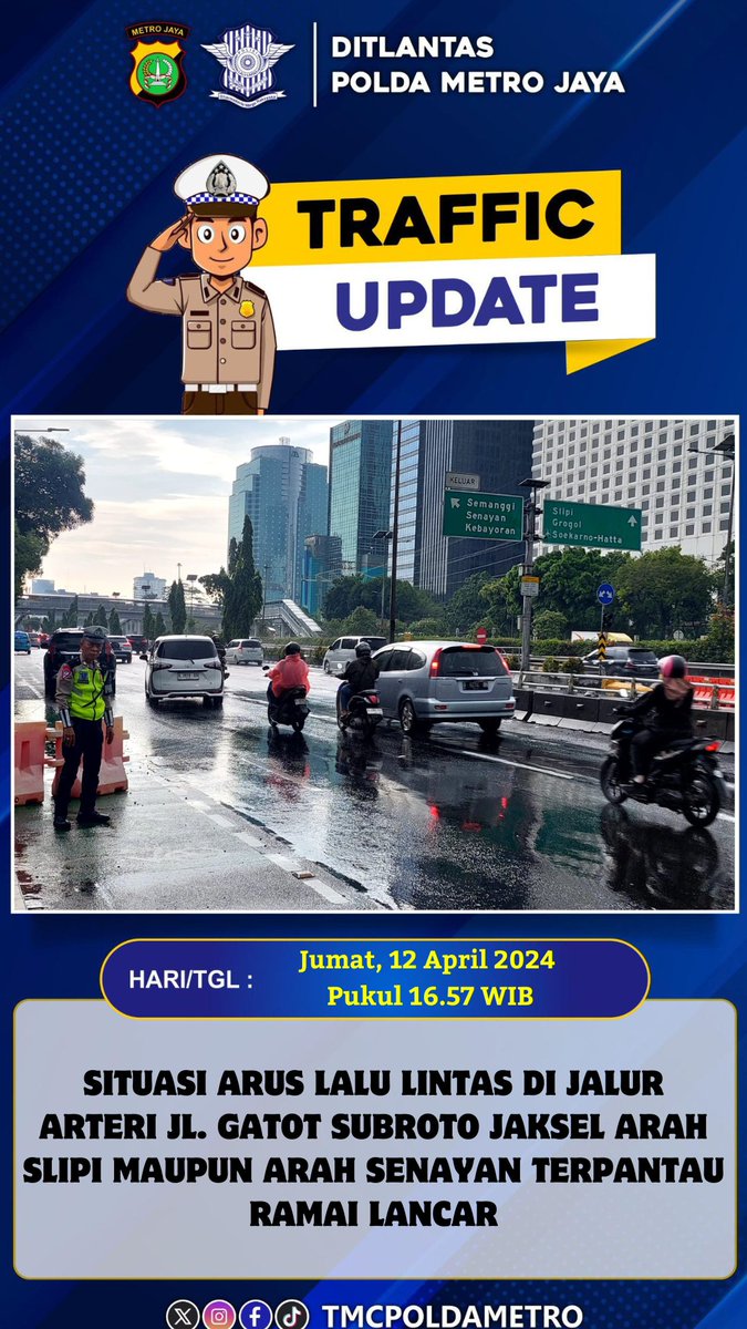 TMCPoldaMetro's tweet photo. 16.57 Situasi arus lalu lintas di Jalur Arteri Jl. Gatot Subroto Jaksel arah slipi maupun arah Senayan terpantau ramai lancar. https://t.co/2g2z4BKjn3