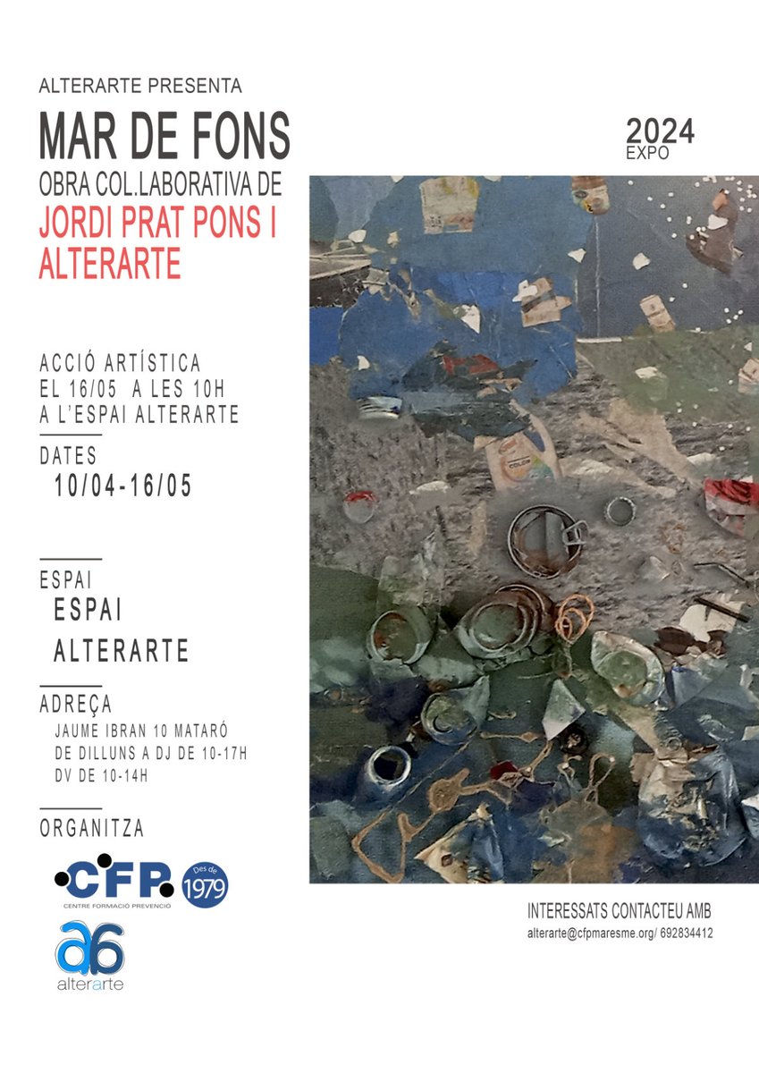 Mar de Fons

Exposició col·lectiva de l'obra col·laborativa entre l'artista Jordi Prat Ponts i el col·lectiu d'artistes d'<a href="/AlterArteWD/">AlterArte</a> reflexionant sobre el rebuig i el mar

Del 10 d'abril al 15 de maig 2024 a l'Espai Alterarte

forumsalutmental.org/ca/noticies/21…