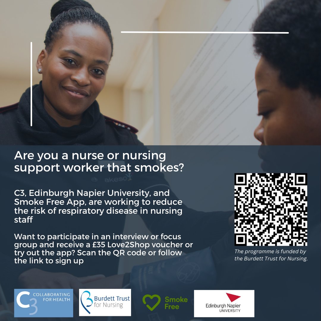 Join C3, @EdinburghNapier and @thesmokefreeapp in combatting respiratory disease! Together we're working to support nursing staff stop smoking. Scan the QR or follow the link to sign up: surveymonkey.com/r/Nurses_Smoki… @thisismichaela @HelenDon_RN @BurdettTrust