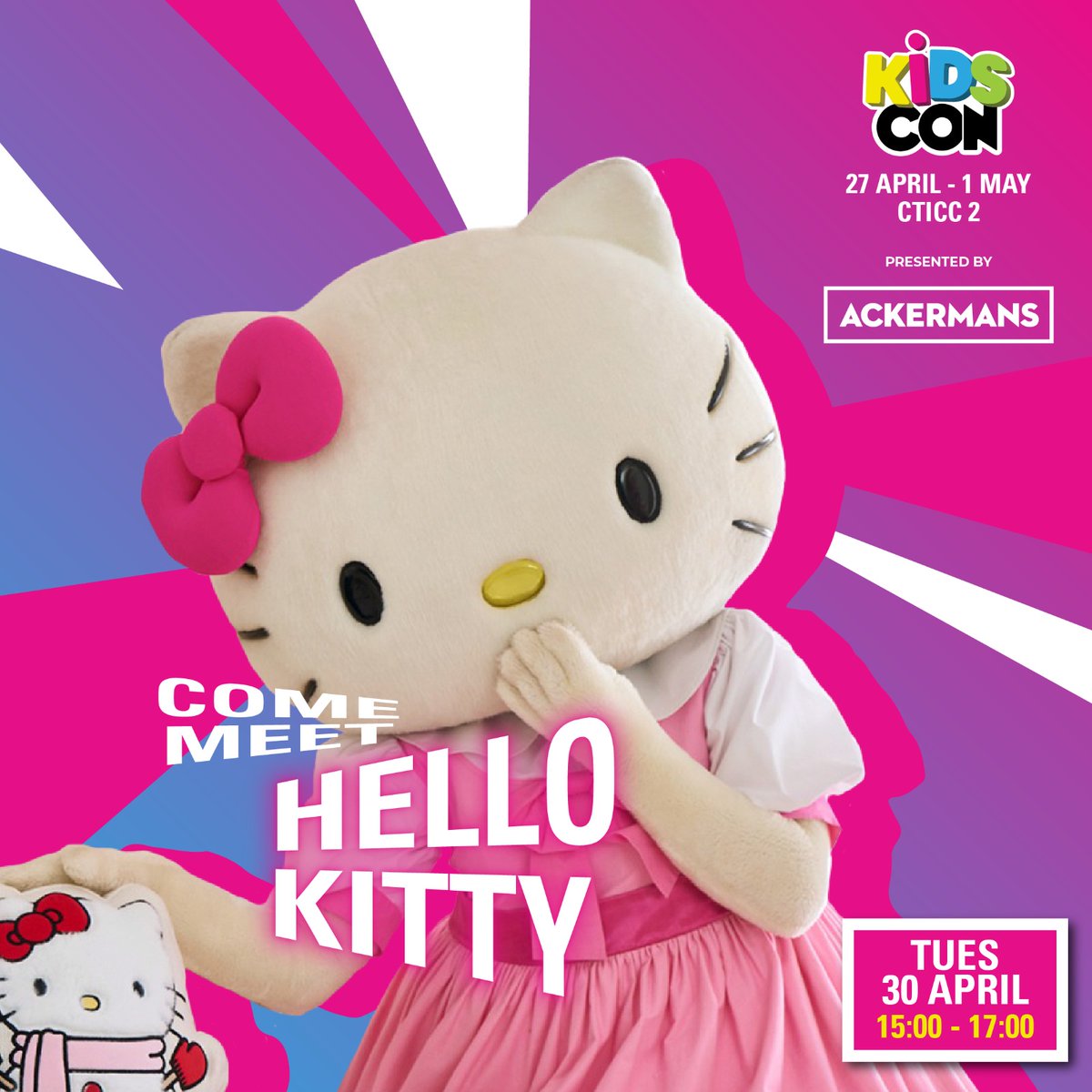 Ackermans SA is proud to present Hello Kitty LIVE at #ComicConCapeTown on Tues 30th April between 3 – 5 pm at CTICC 2. Don’t miss your chance to meet this pop culture icon! And remember, Ackermans SA has you covered for all your favourite character attire!”
