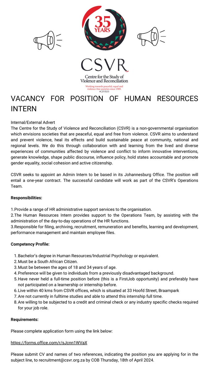 We are #Hiring 📢📢📢 CSVR seeks to appoint a HR intern to be based in our Johannesburg offices. Submit CV to: recruitment@csvr.org.za and complete the application form. 🗓️Closing Date: 18 April 2024 forms.office.com/r/sJcnn1WVaX #JobSeekersSA