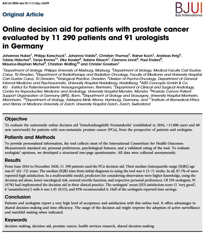 “Entscheidungshilfe Prostatakrebs” by #DGU and #USG might improve shared decision-making and time efficiency: 11,290 patients and 91 urologists in Germany evaluate an online #prostatecancer patient decision aid reporting high acceptance and satisfaction doi.org/10.1111/bju.16…