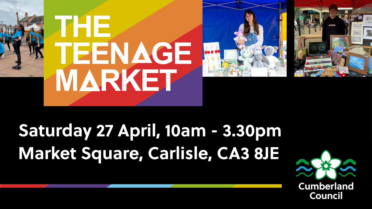 📅Date for your diary... Come and join us at our next @teenage_market in #Carlisle on Saturday 27 April. Support local young traders and performers by visiting the market outside the Old Town Hall, 10am - 3.30pm. There will also be a programme of live music and dance during…