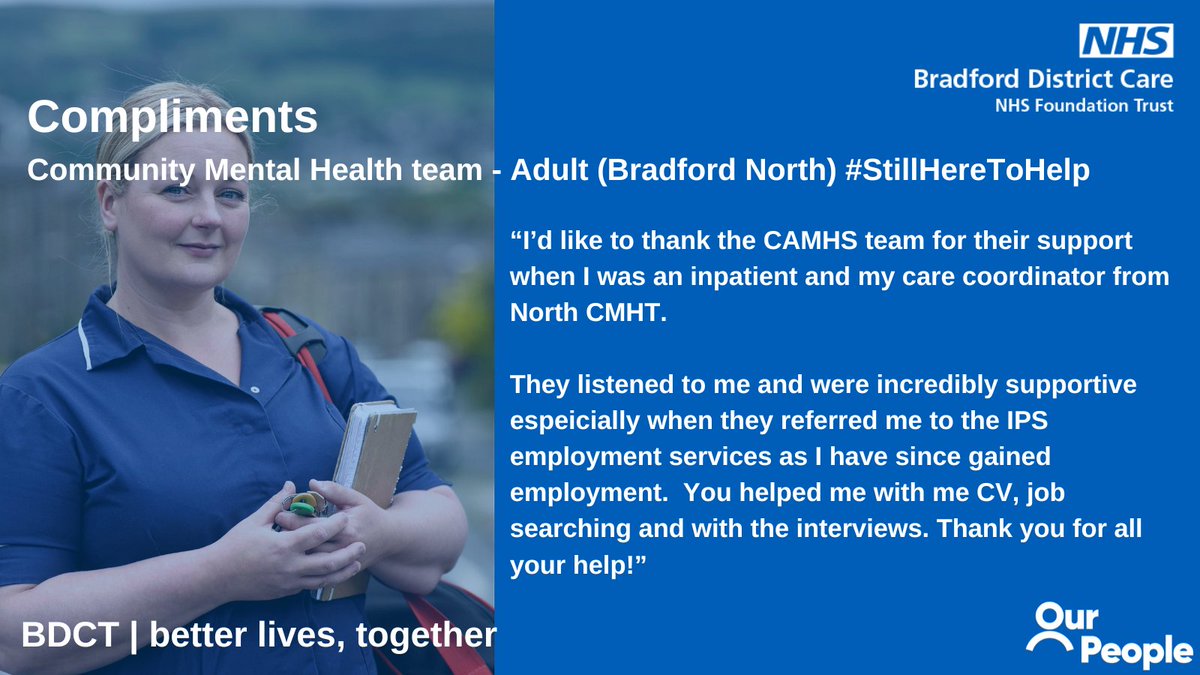 A special #ThankYouBDCFT to our Community Mental Health team for providing excellent care and a positive experience all around 👍 

Find out which of our other services received compliments this month: tinyurl.com/Febcompliments
#OurPeople