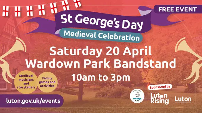 Just over a week to go until our St George’s Day celebrations! 🤺 📆 20 April 📍 Wardown Park Bandstand ⏰ 10am-3pm ⚔️ Medieval games, music & stories Sponsored by @LutonRising Delivered with the History Knights and funded by @HeritageFundUK More 👉 luton.gov.uk/stgeorgesday