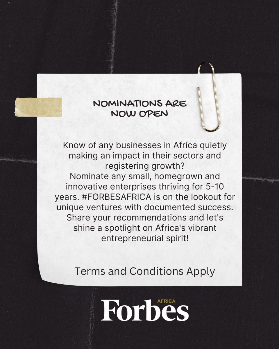 #NominationAlert📣 All nominations to be sent to editorial@forbesafrica.com When submitting your nominations please click here for guidelines➡️: brnw.ch/21wIKEf Terms and Conditions apply!